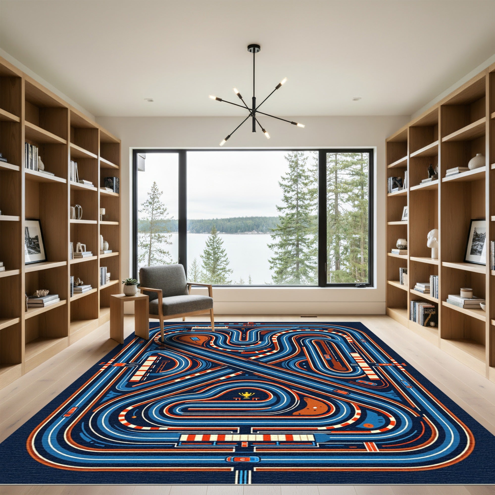Mid-Century Abstract Racing Track Illustration Rug