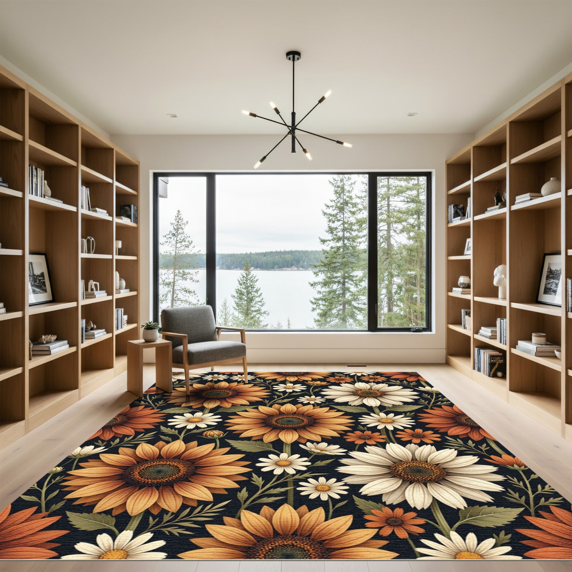 Golden Sunflower and Daisy Floral Field Rug