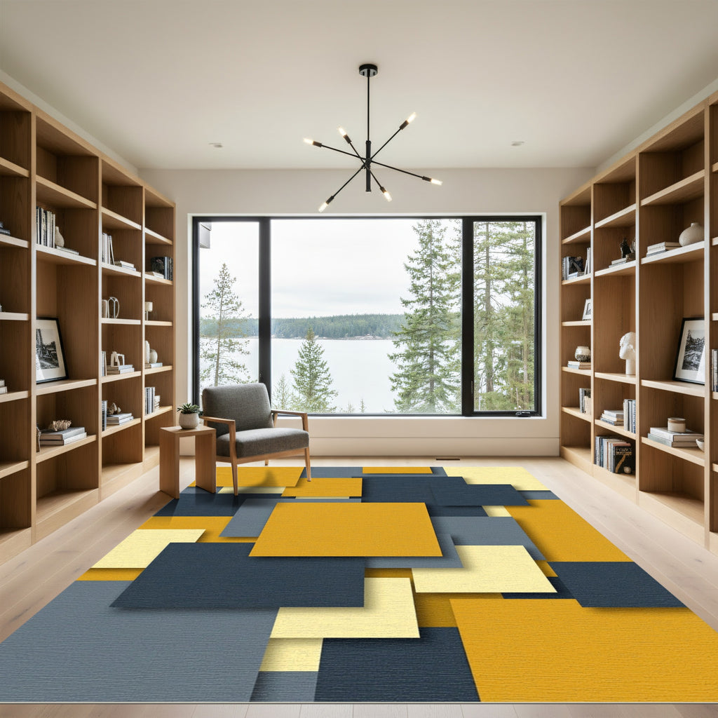 Modern Mustard Blue Geometric Layered Block Rug
