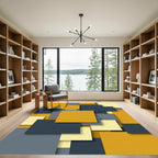 Modern Mustard Blue Geometric Layered Block Rug