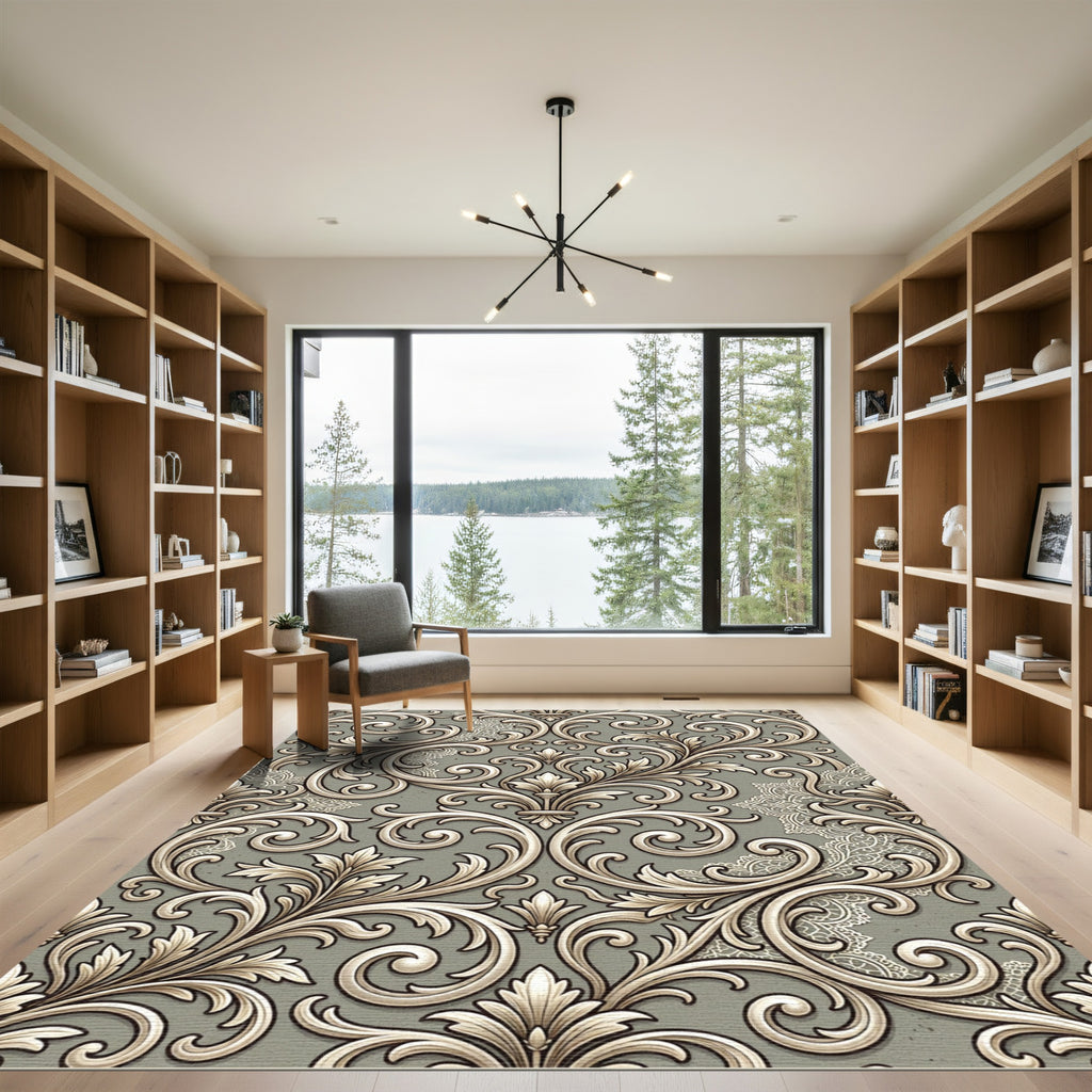 Ornate Gray Scroll Lace Rug