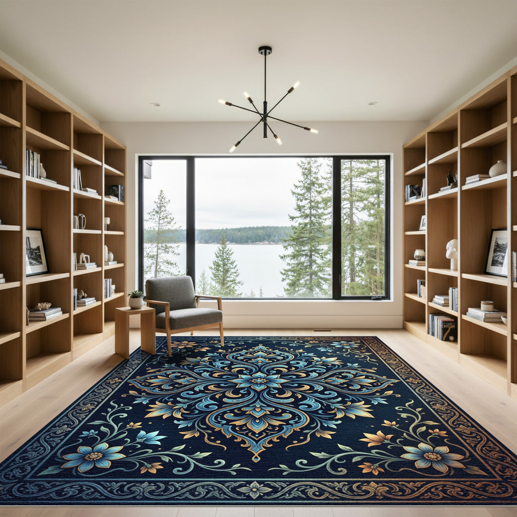 Elegant Blue Floral Gold Damask Art Rug