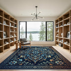 Elegant Blue Floral Gold Damask Art Rug