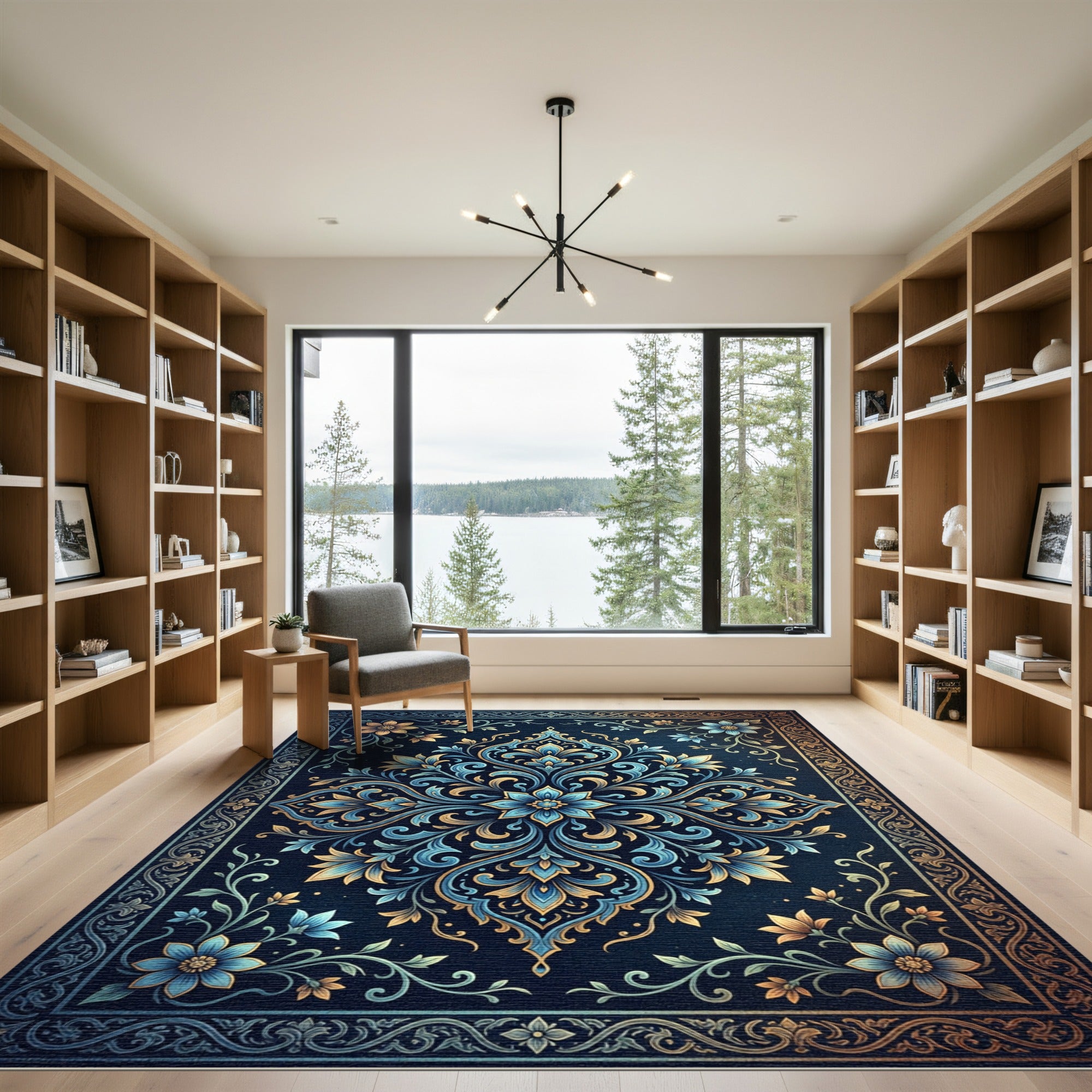 Elegant Blue Floral Gold Damask Art Rug
