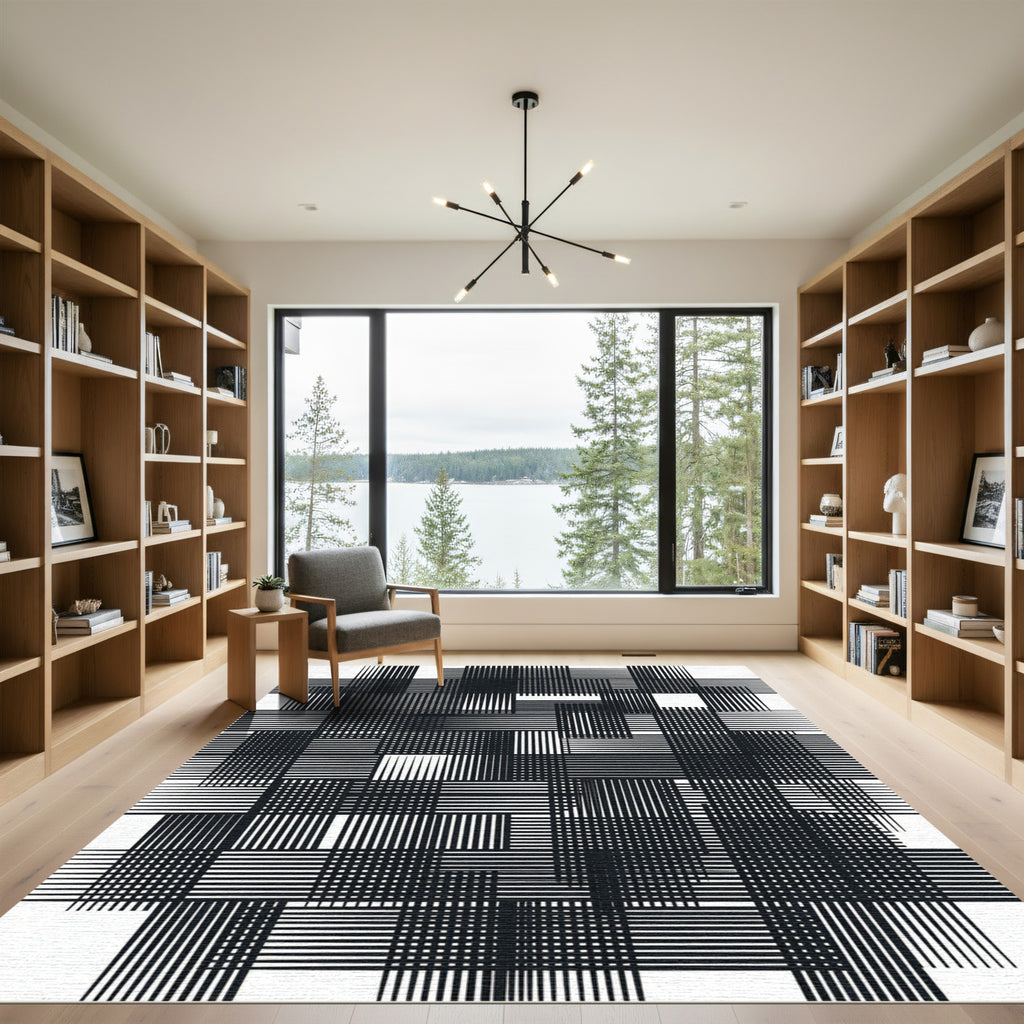 Monochromatic Abstract Geometric Grid Line Art Rug