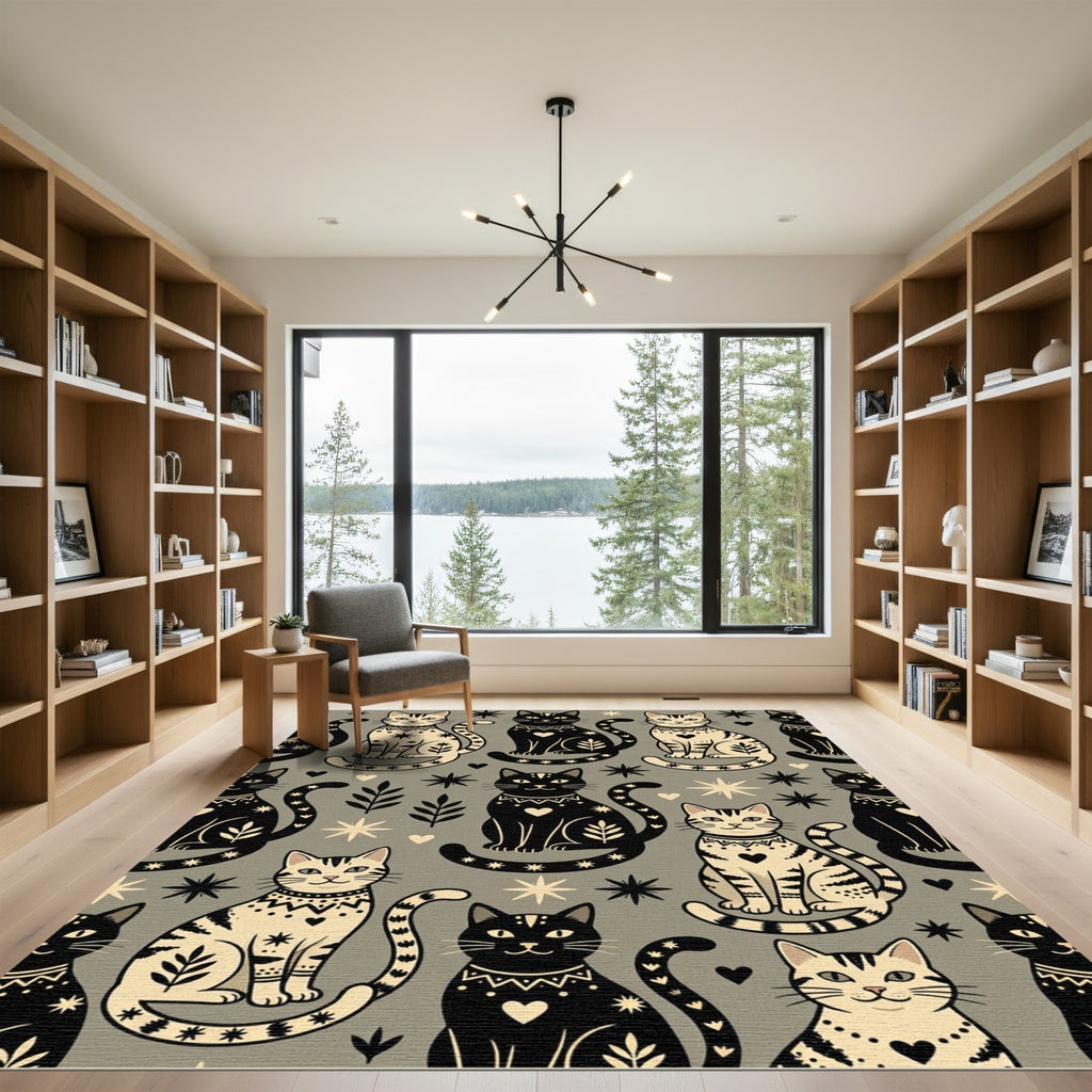 Celestial Black and Beige Cat Tapestry Rug