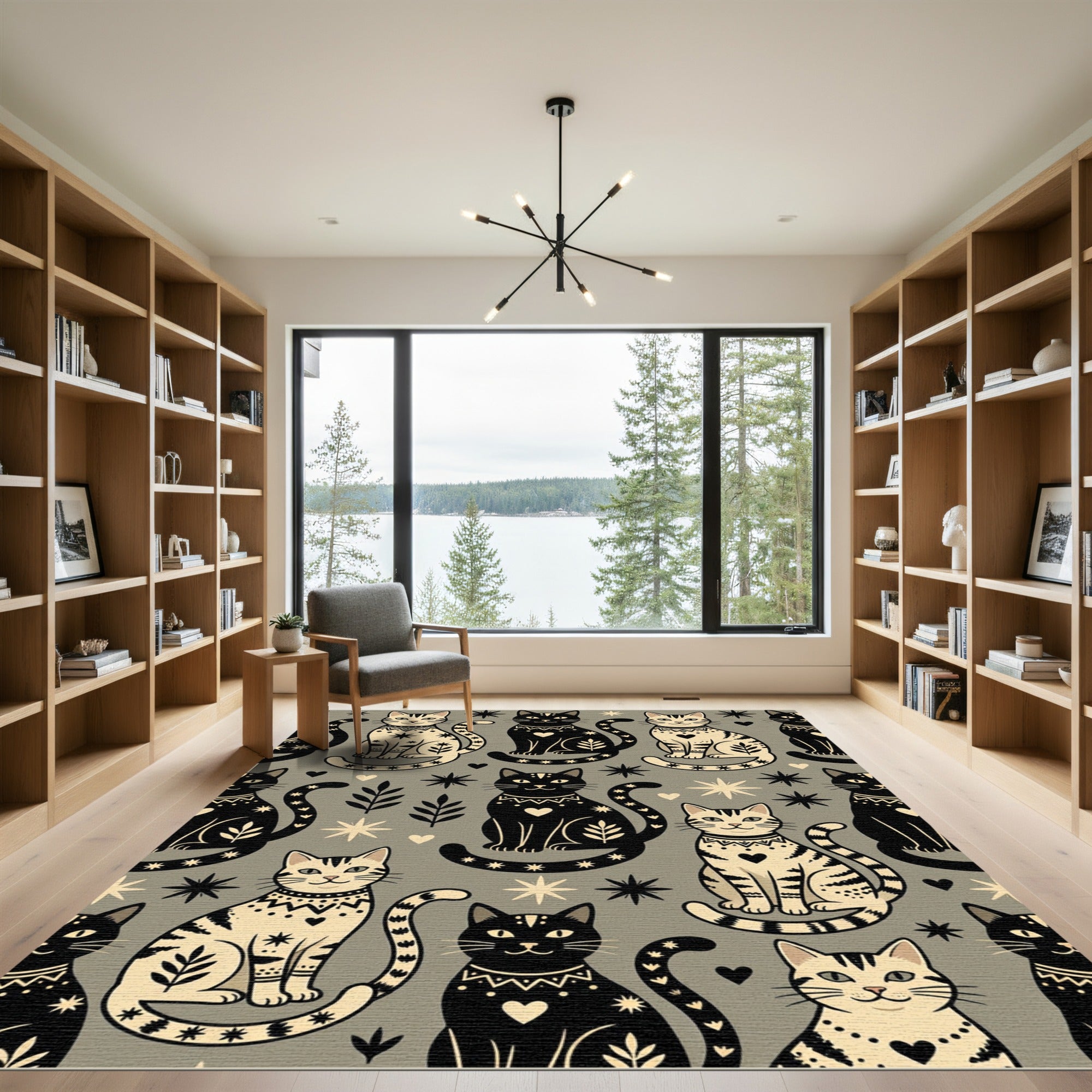 Celestial Black and Beige Cat Tapestry Rug