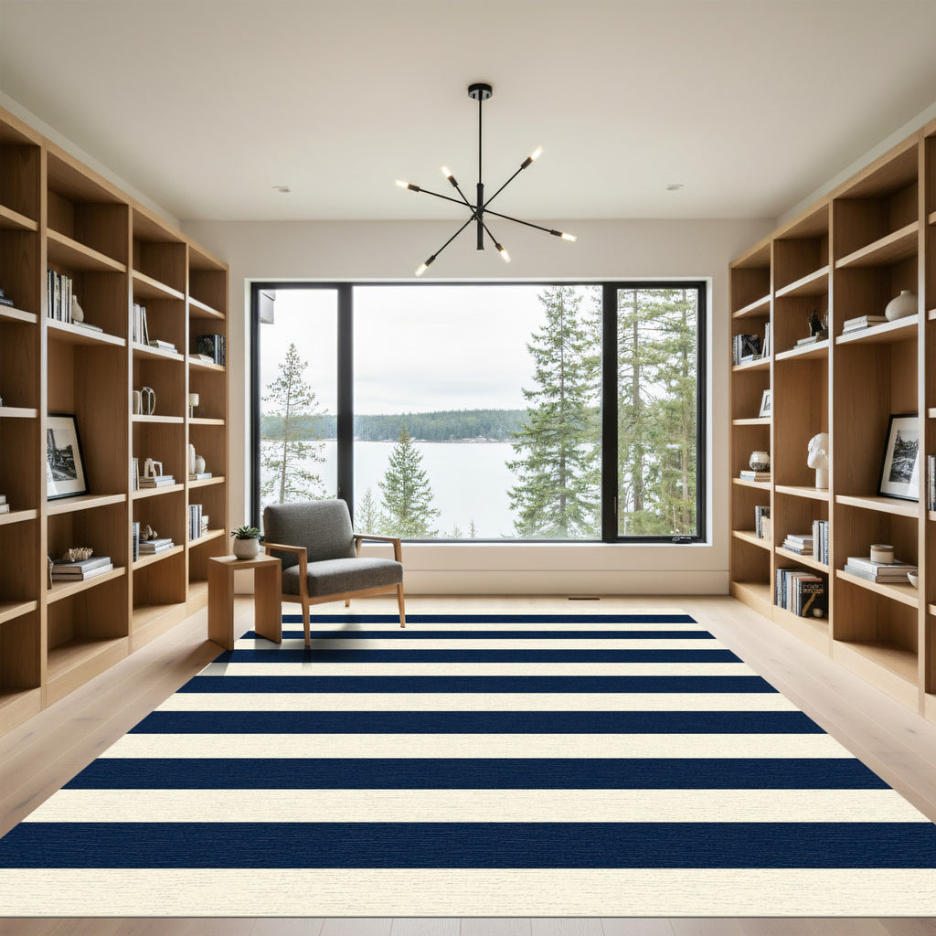Navy Blue Cream Horizontal Striped Rug