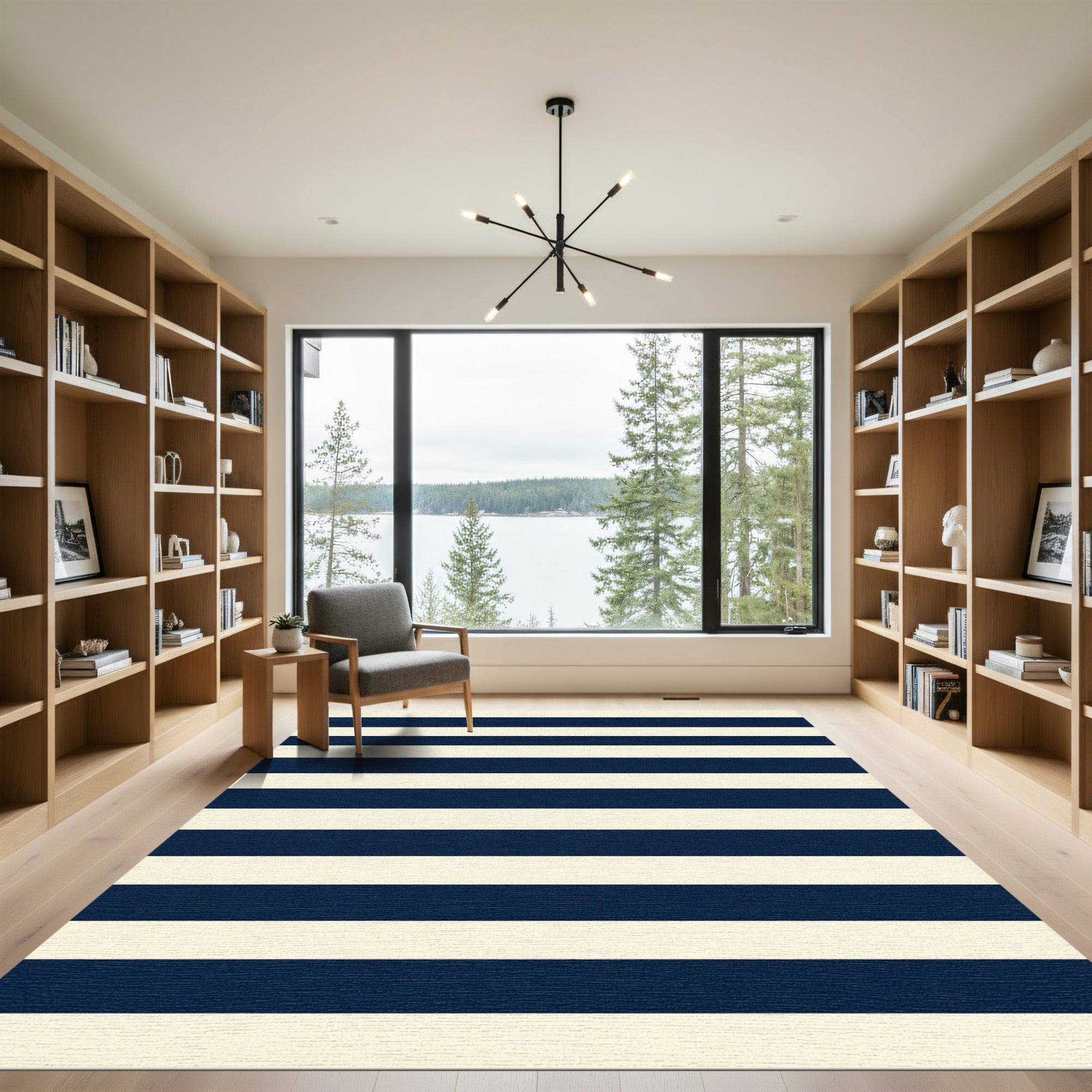 Navy Blue Cream Horizontal Striped Rug