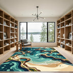 Abstract Teal Coastal Wave Ocean Floor Rug