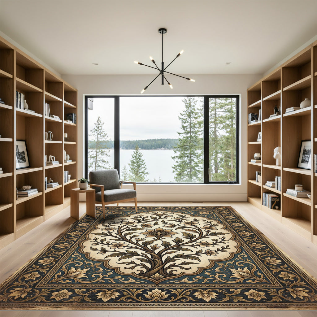 Golden Laurel Tree In Blue Border Rug
