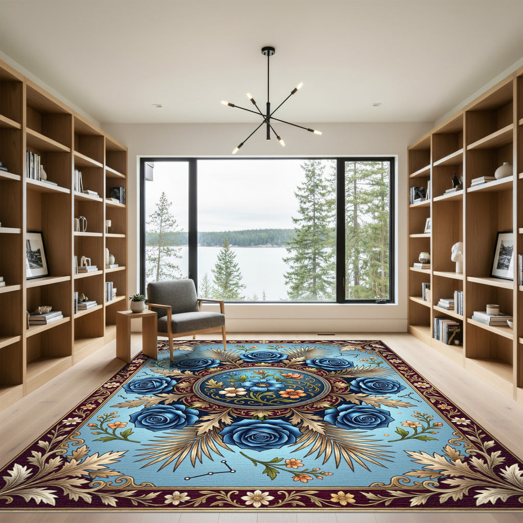Celestial Blue Rose Floral Medallion Rug