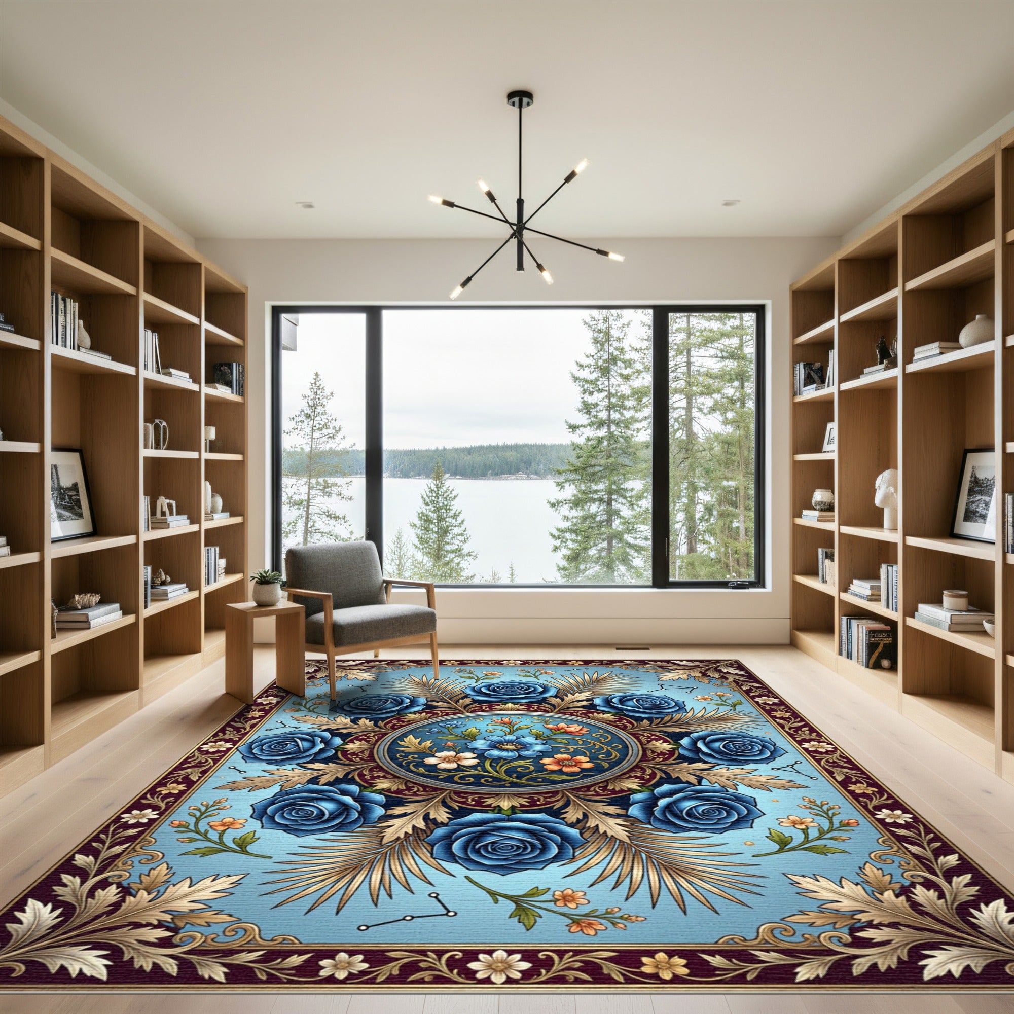 Celestial Blue Rose Floral Medallion Rug