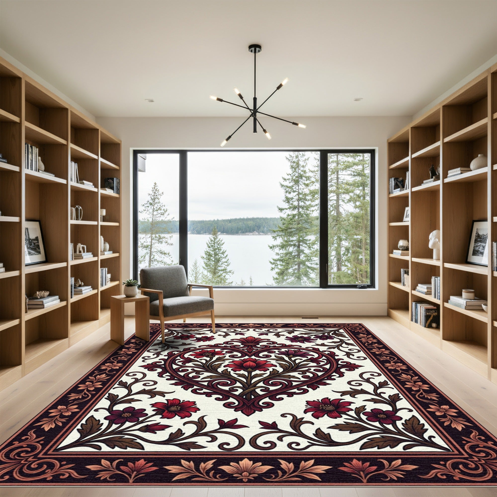 Elegant Crimson Floral Heart Scroll Accent Rug