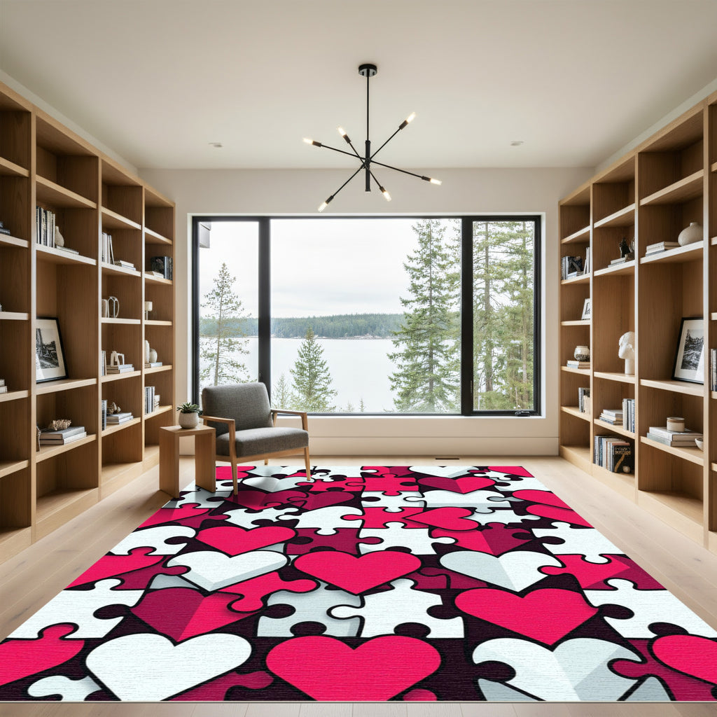 Pink White Heart Puzzle Collage Rug