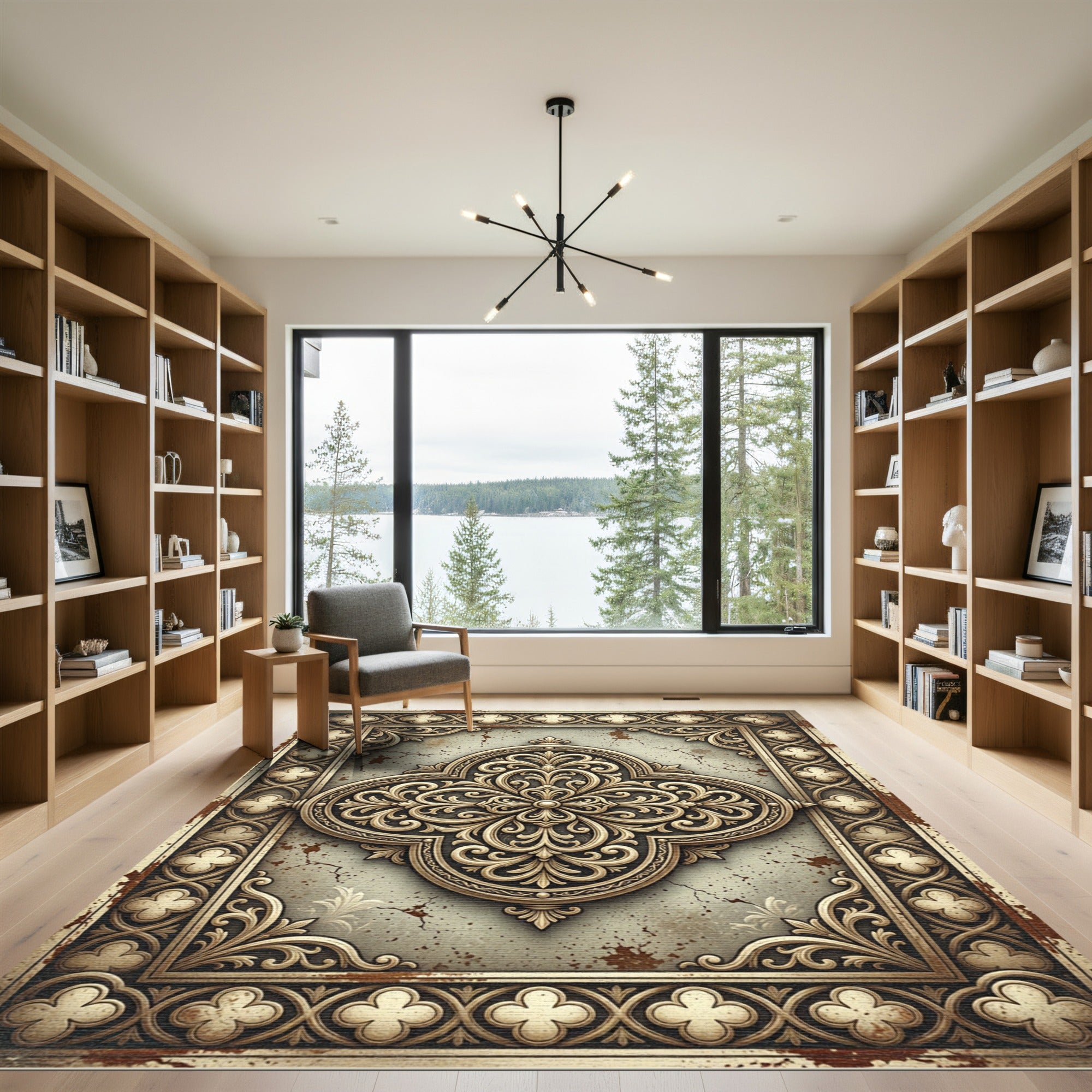 Gold Ornate Floral Trellis Medallion Rug
