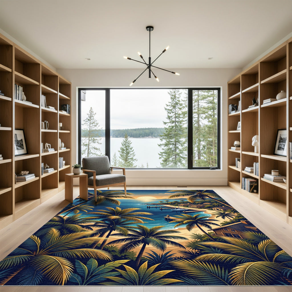 Tropical Palm Sunset Coastal Seascape Rug