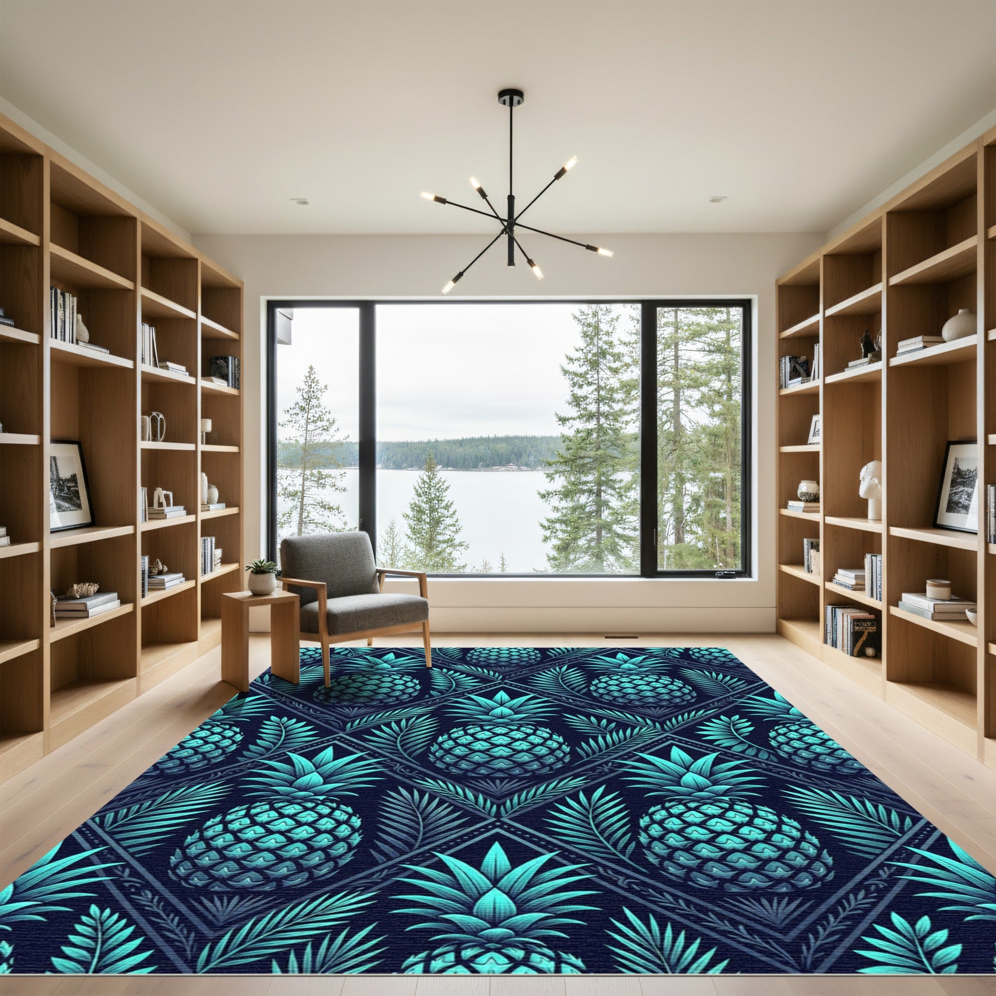 Teal Tropical Pineapple Geometric Grid Rug