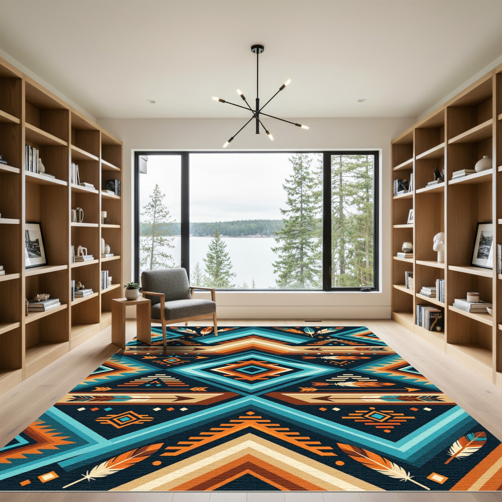 Geometric Teal Orange Feather Arrow Rug