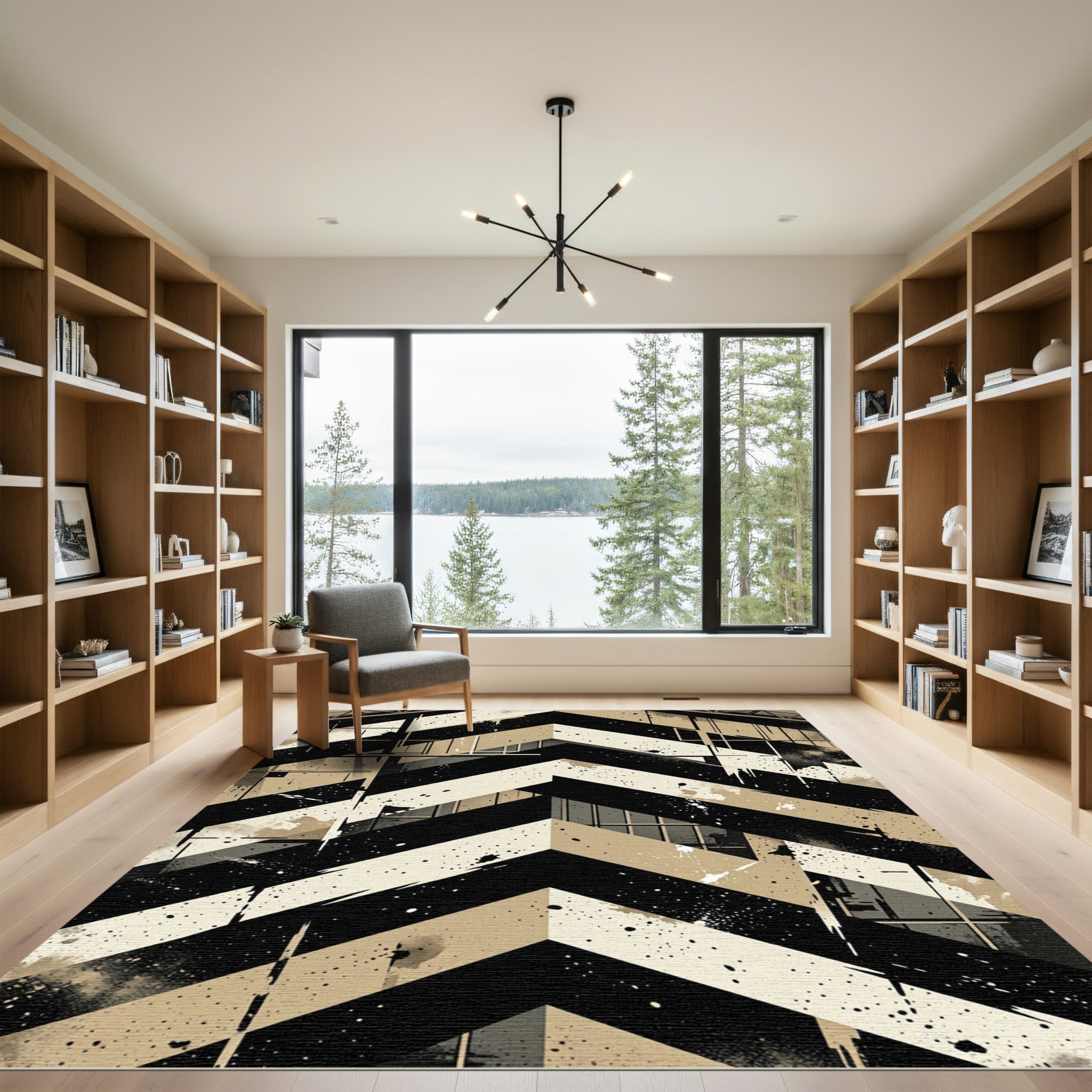 Bold Black and Beige Chevron Geometric Rug