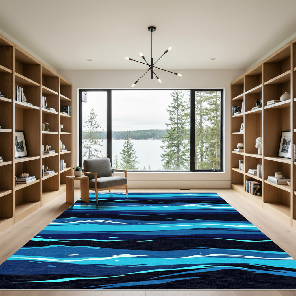Abstract Navy and Cyan Oceanic Waves Rug
