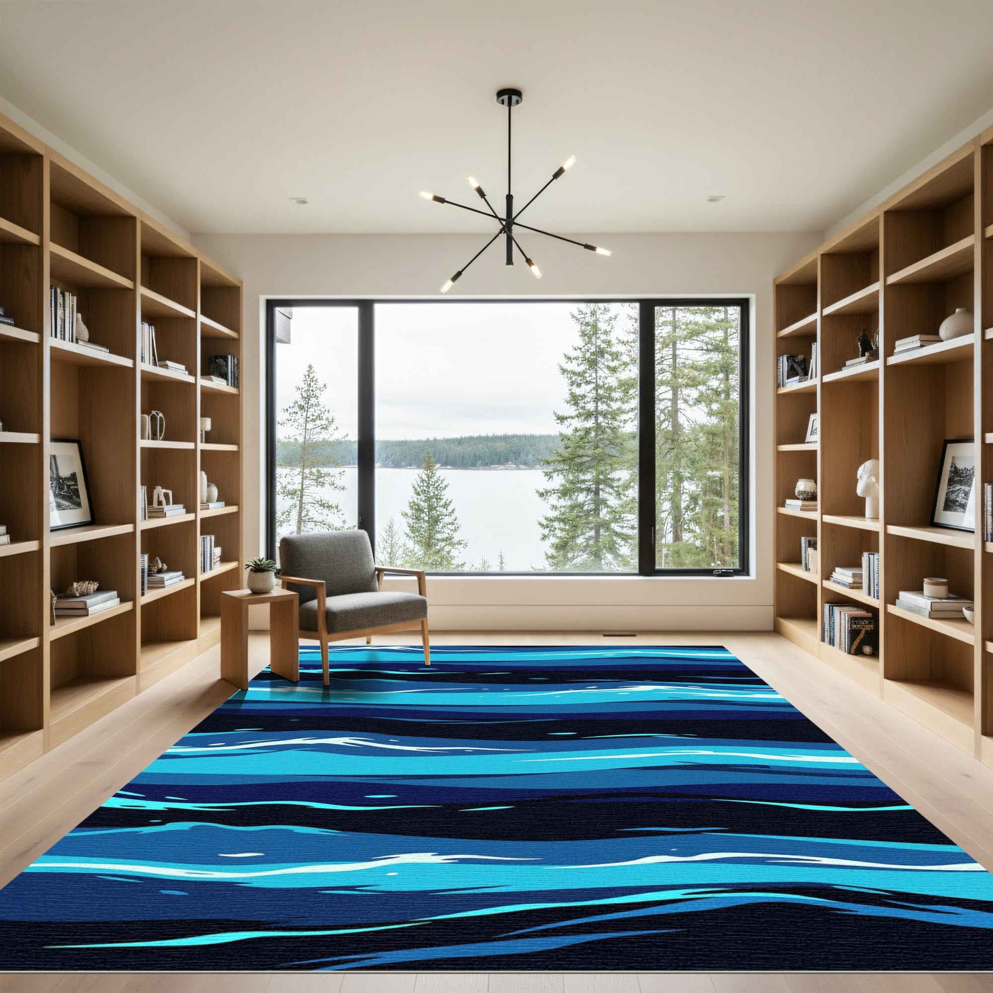 Abstract Navy and Cyan Oceanic Waves Rug