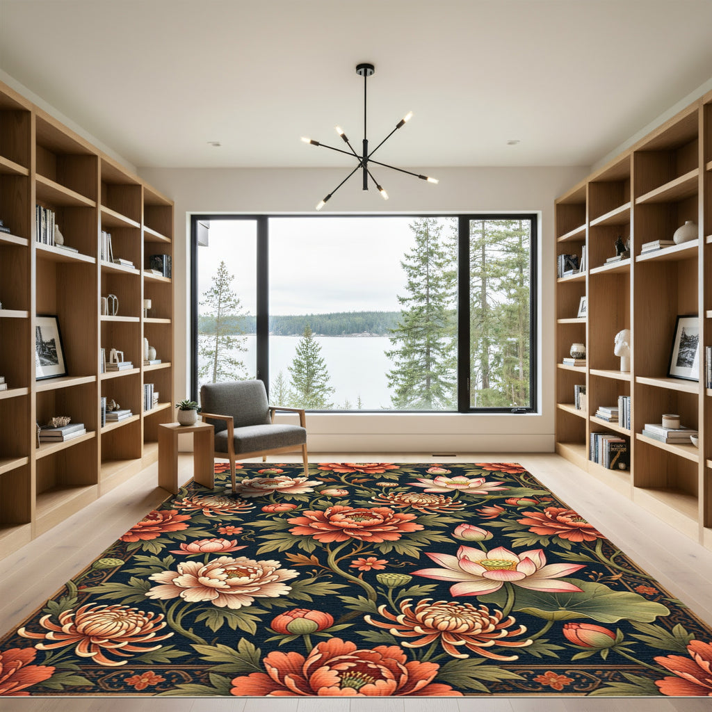 Ornate Peach Lotus Floral Dark Backdrop Rug
