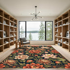 Ornate Peach Lotus Floral Dark Backdrop Rug