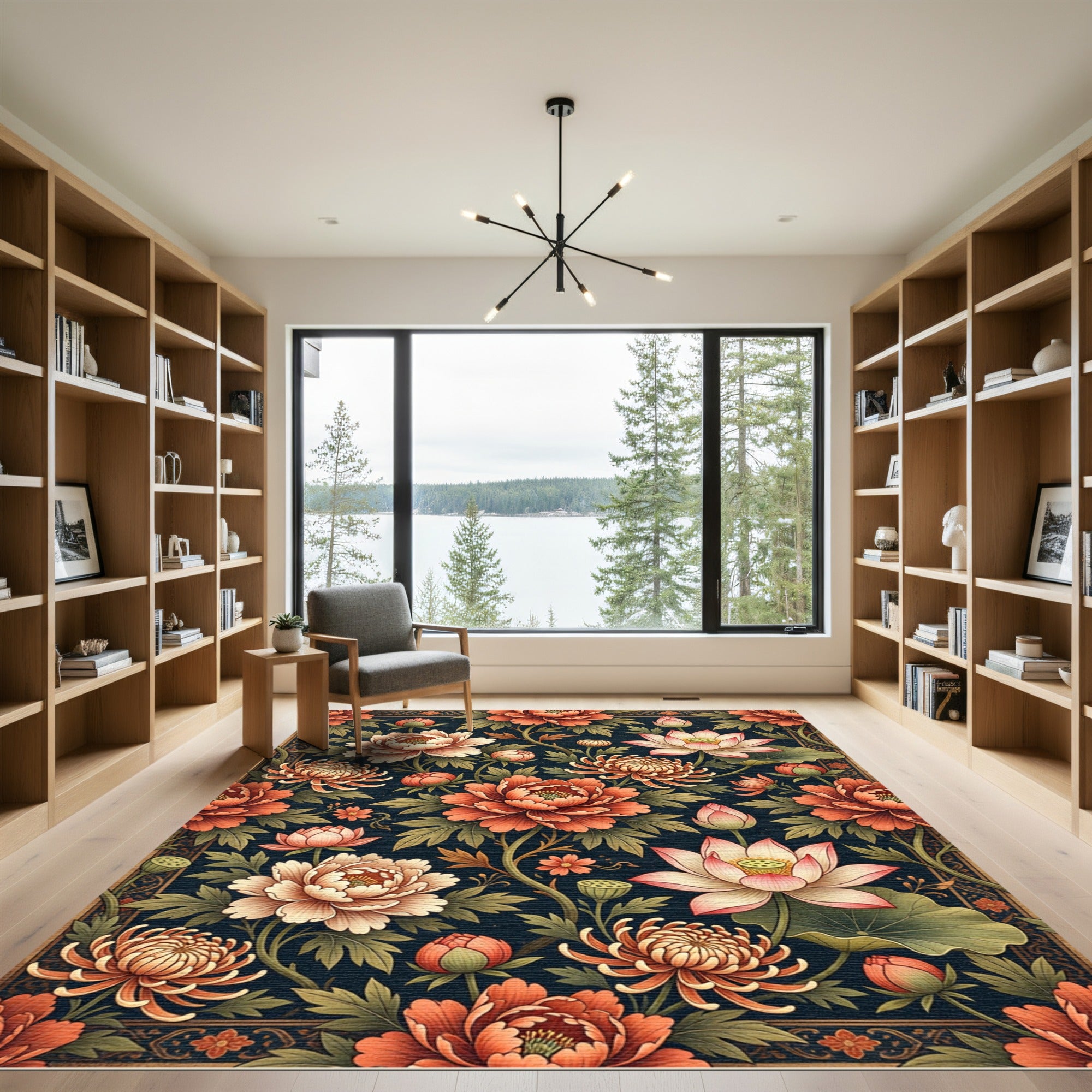 Ornate Peach Lotus Floral Dark Backdrop Rug