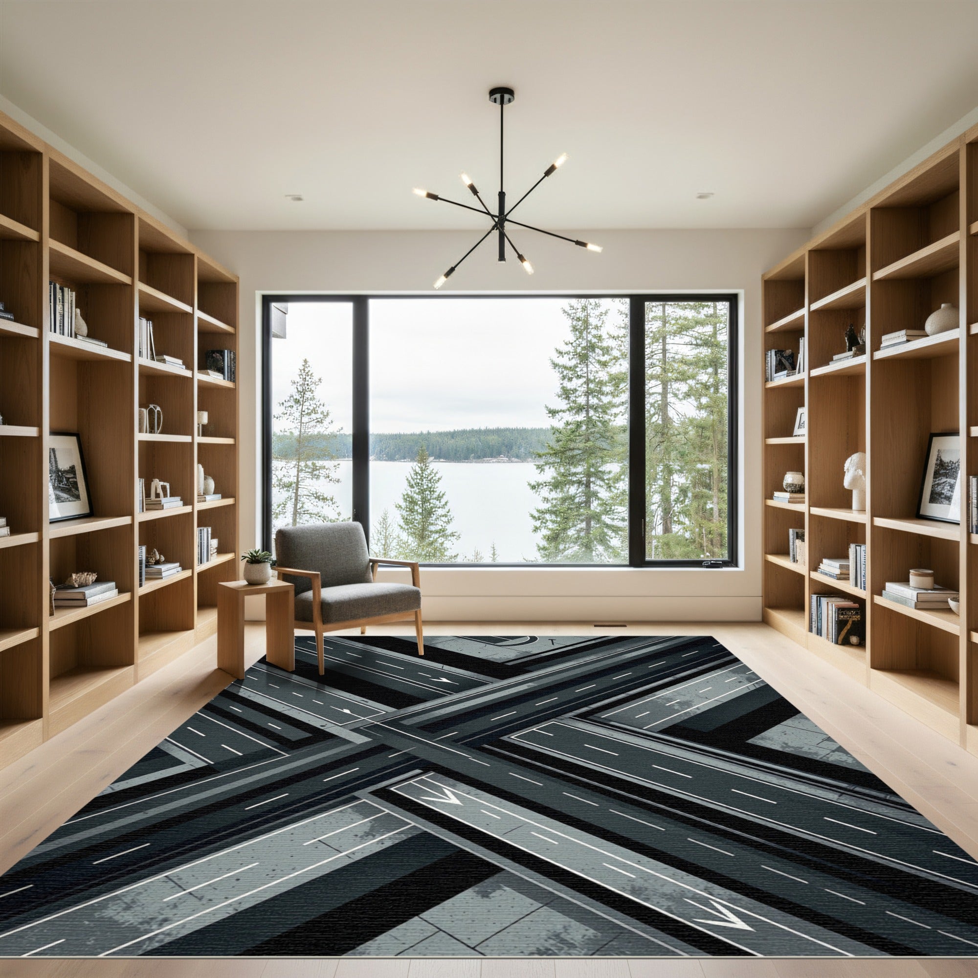 Monochrome Urban Intersection Abstract Roadway Rug
