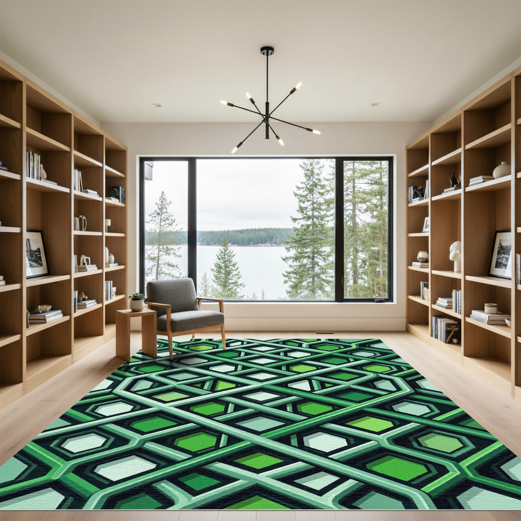 Abstract Green Interlocking Hexagon Rhombus Rug