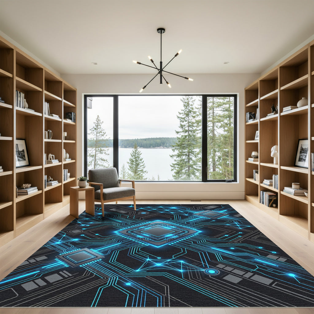 Neon Cybernetic Circuitry Electric Blue Grid Rug