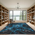 Neon Cybernetic Circuitry Electric Blue Grid Rug