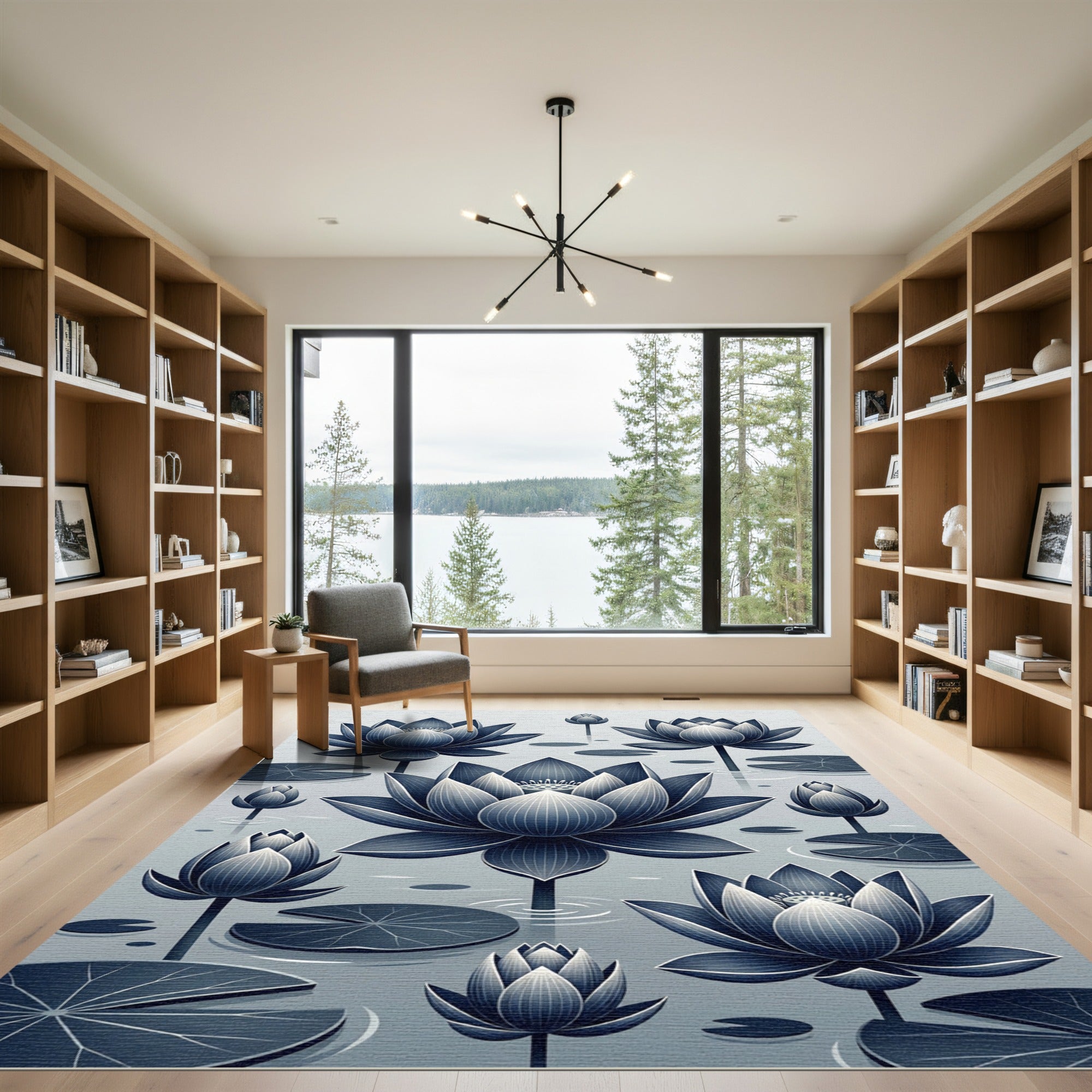 Serene Indigo Lotus Botanical Art Rug