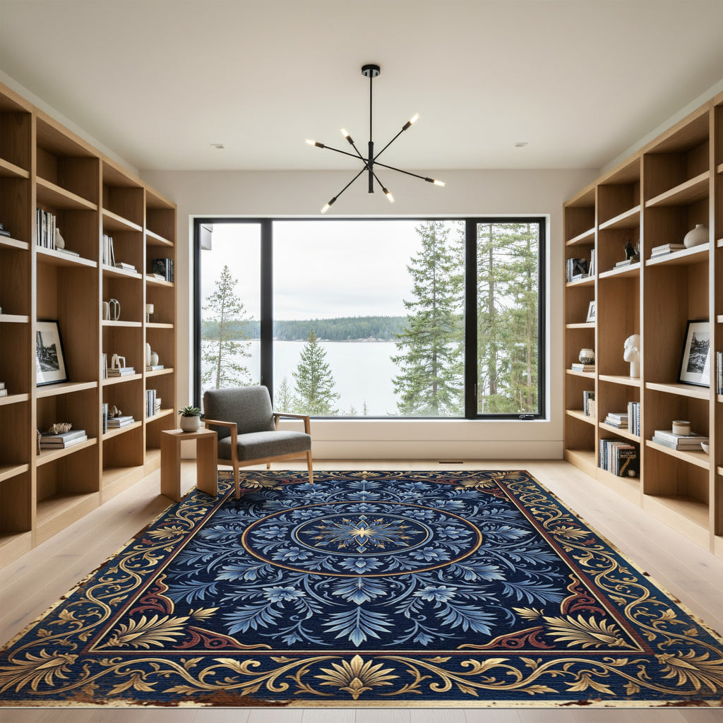 Intricate Blue Floral Gold Medallion Rug