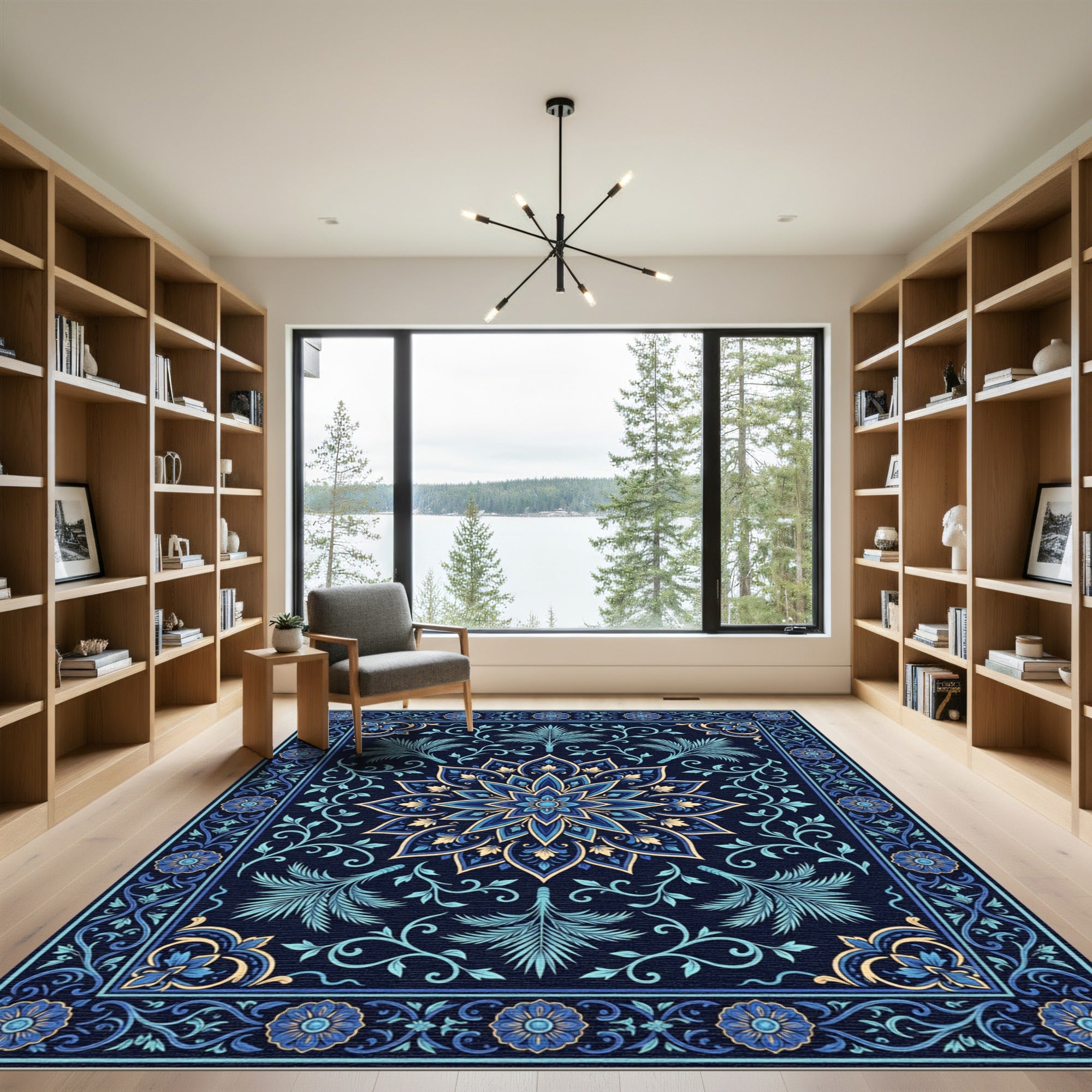 Deep Navy Floral Medallion Garden Rug