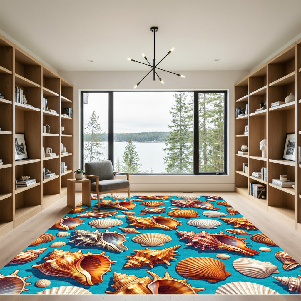Vibrant Tropical Seashell Aquatic Blue Rug