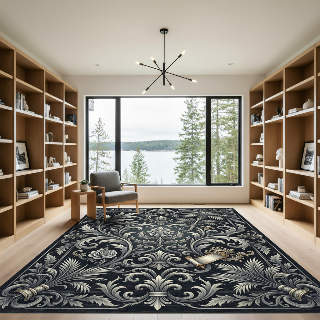 Ornate Grey Floral Scrollwork Rug