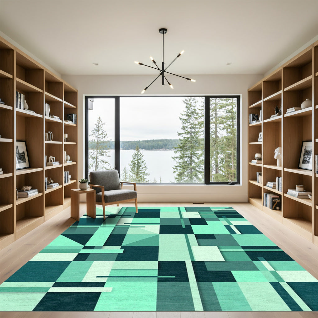 Teal Geometric Layered Blocks Rug