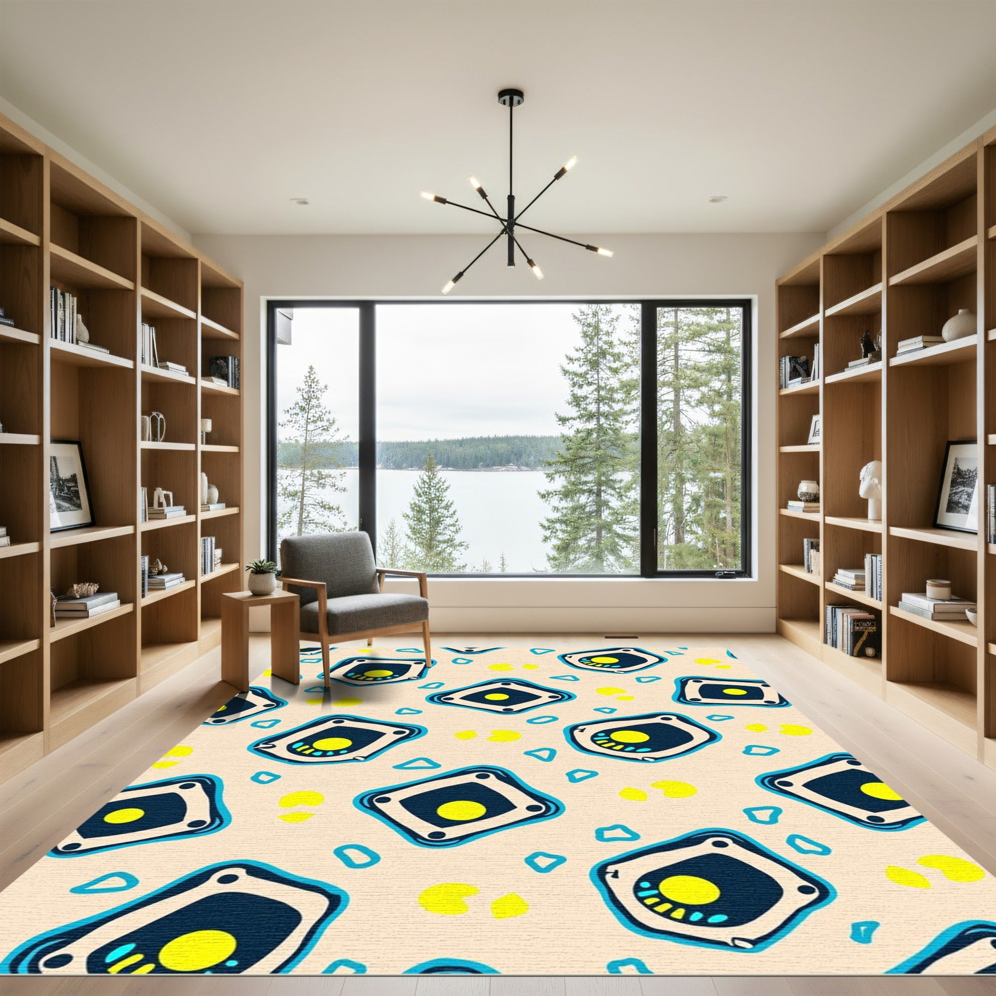Abstract Blue Yellow Shield Shapes Rug