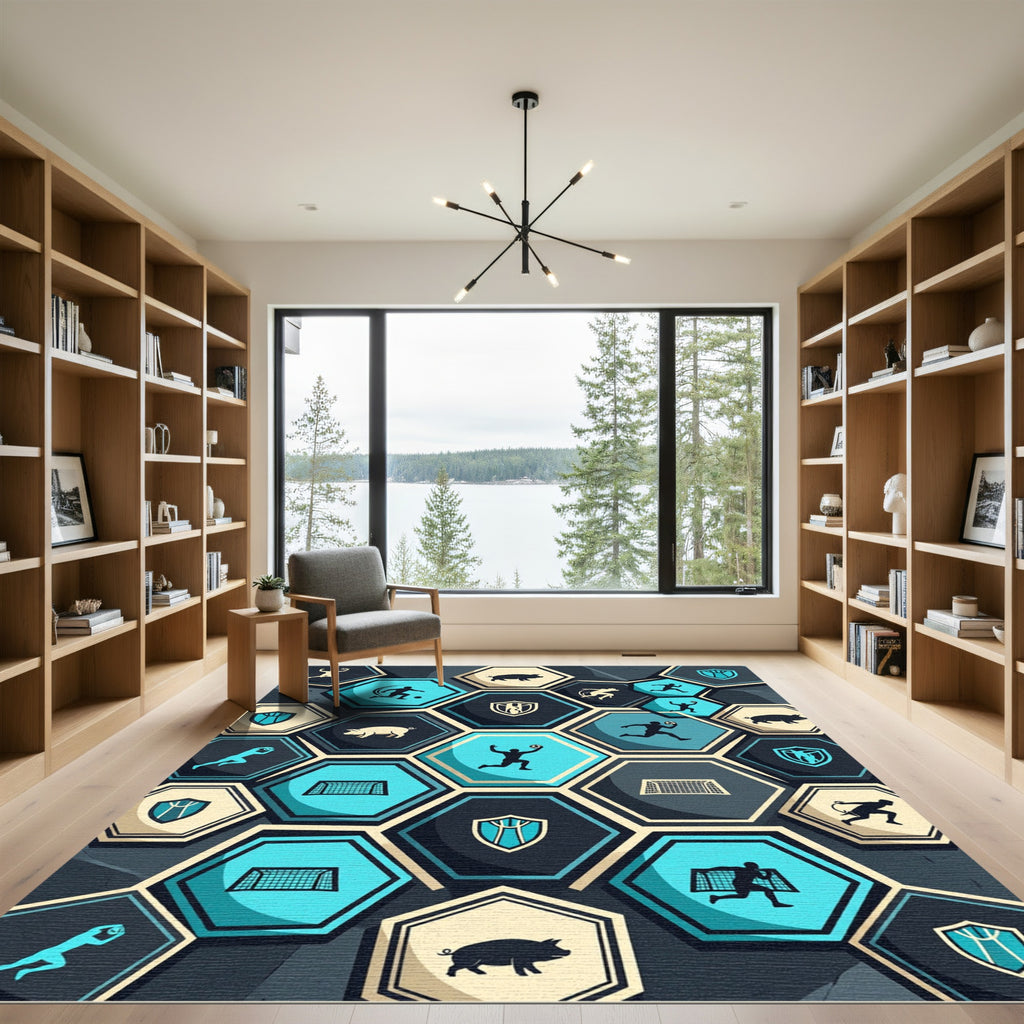 Geometric Hexagon Sports Teal Charcoal Rug