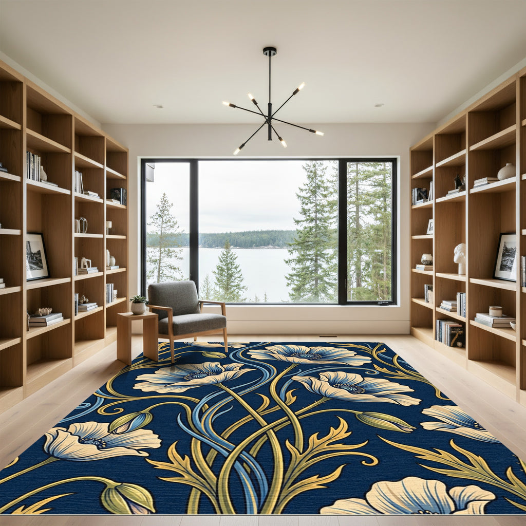 Art Nouveau Navy Blue Poppy Floral Rug