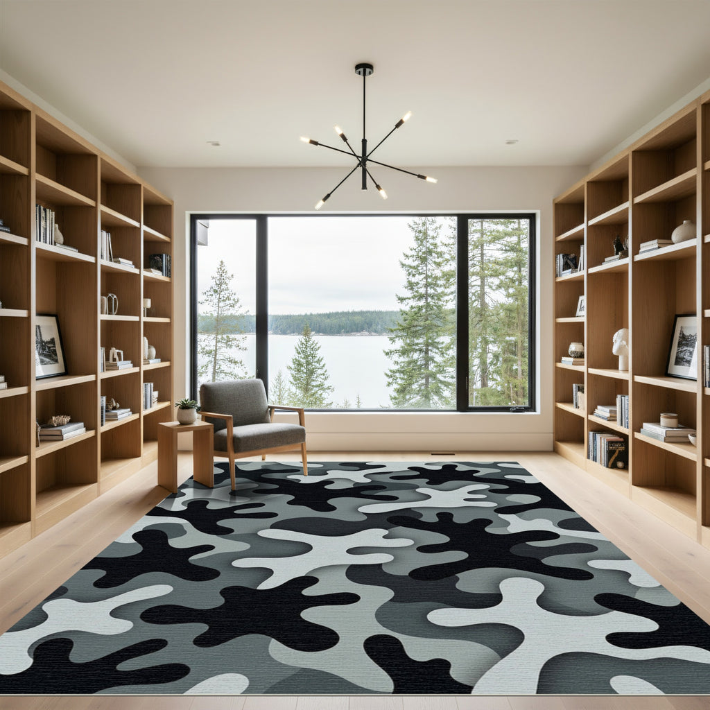 Modern Monochrome Camouflage Abstract Area Rug