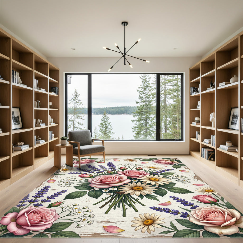 Romantic Pink Rose and Lavender Bouquet Rug