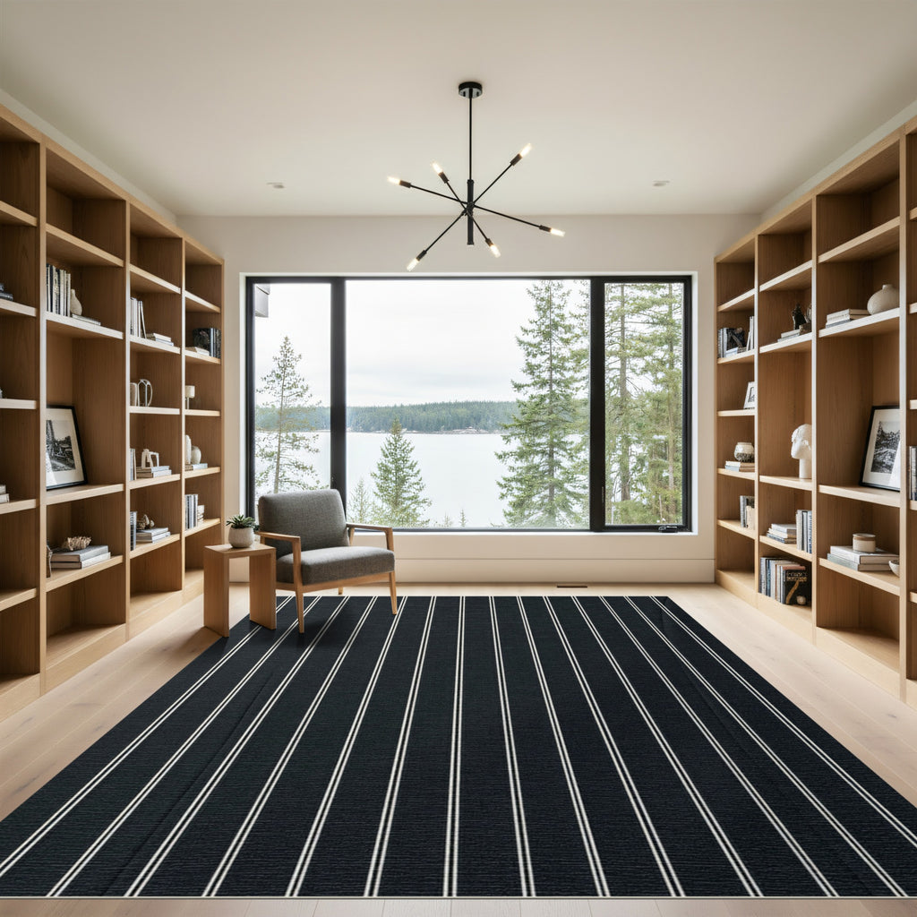 Classic Black White Pinstripe Abstraction Rug