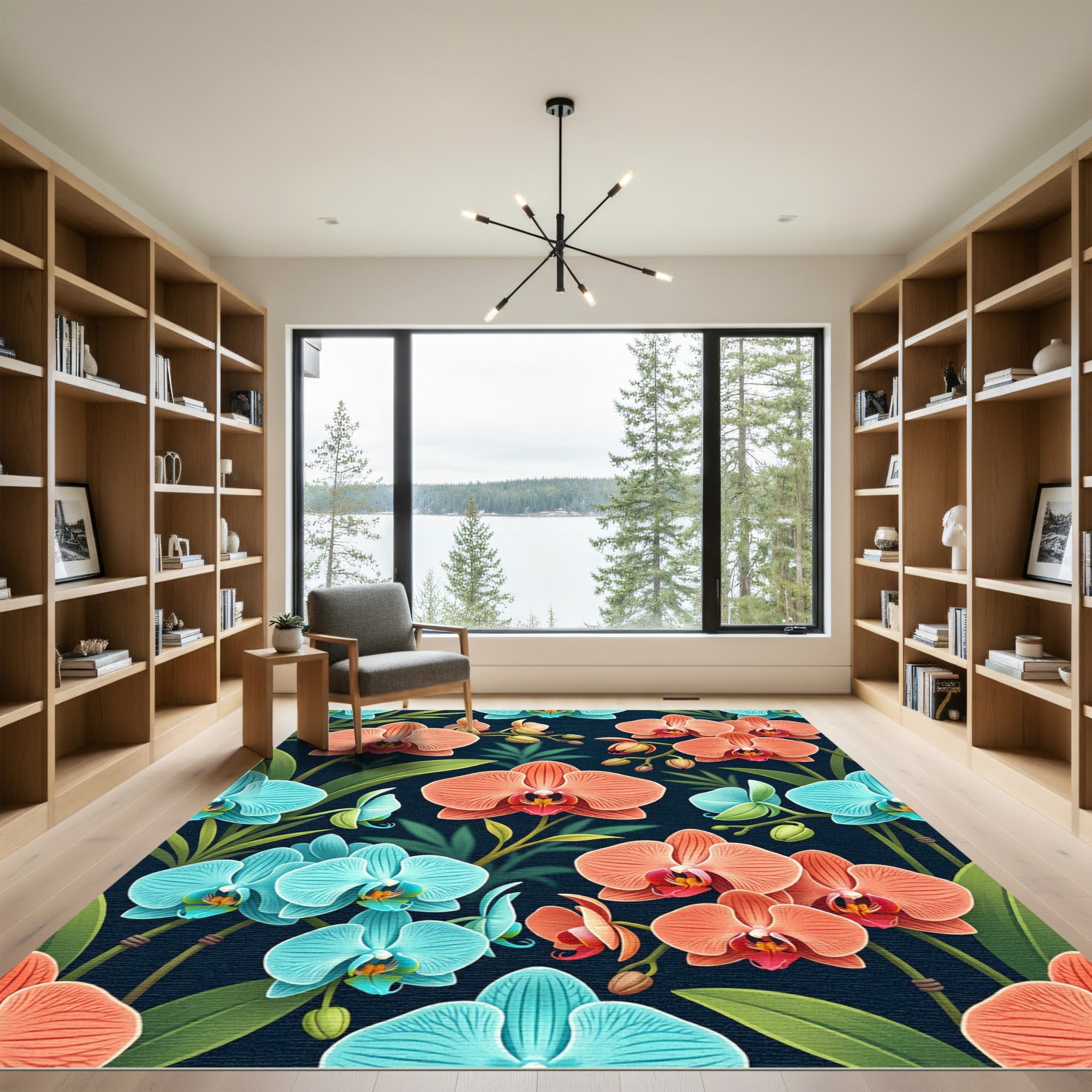 Tropical Orchid Bloom Deep Blue Rug