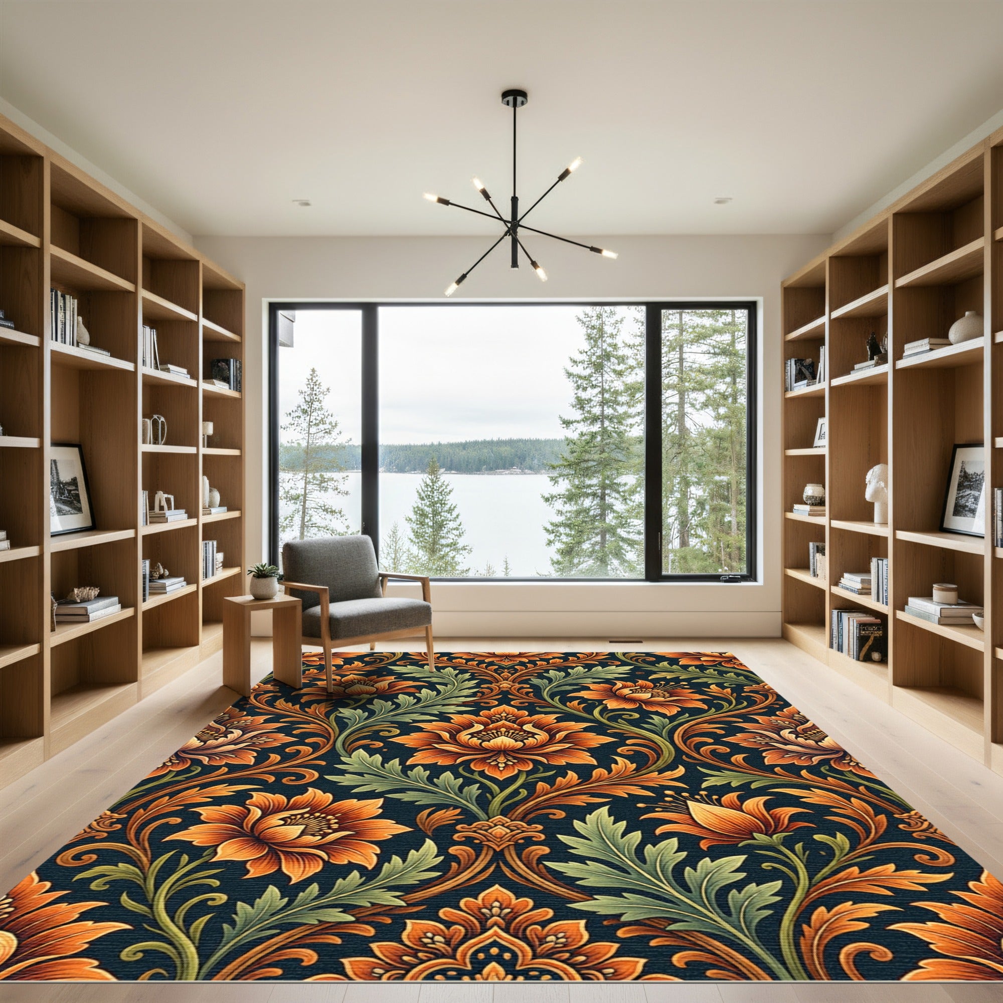 Elegant Amber Floral Damask Scroll Rug