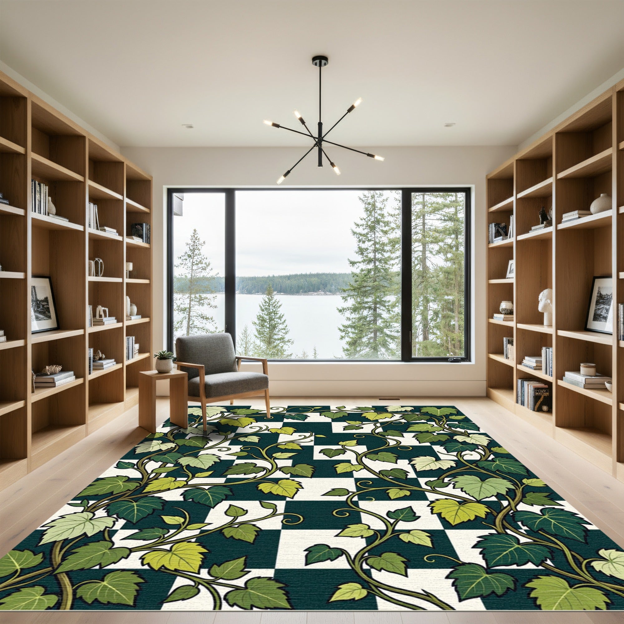 Lush Botanical Vine Checkerboard Art Rug