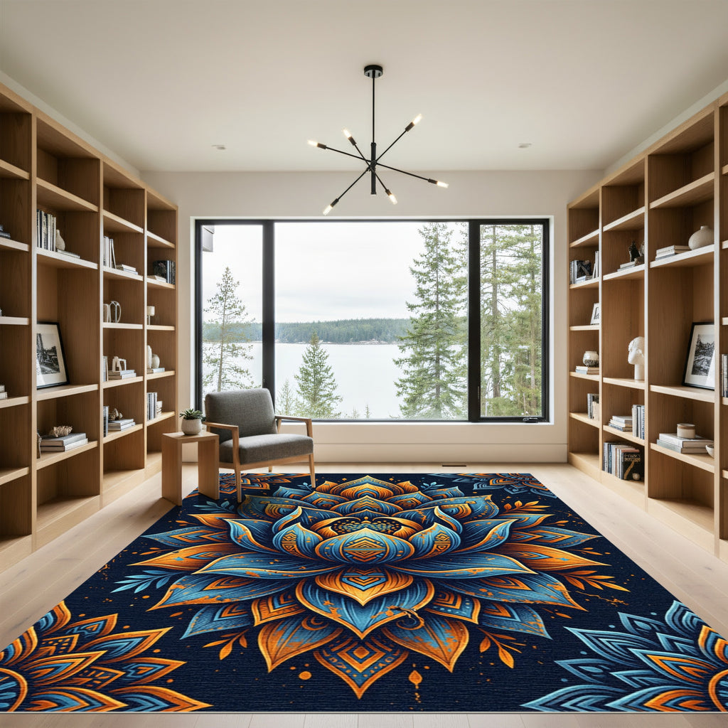 Ornate Golden Blue Lotus Mandala Rug