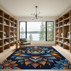 Ornate Golden Blue Lotus Mandala Rug